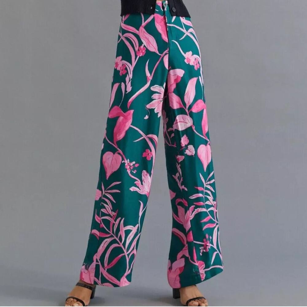 NWT Anthropologie 14 Tropical Floral Printed Straight Wide Leg Pants Green Pink